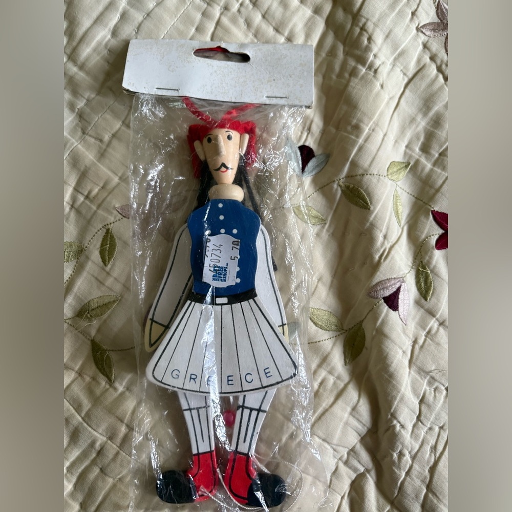 Traditional Greek Wooden Doll with Red and Blue Outfit